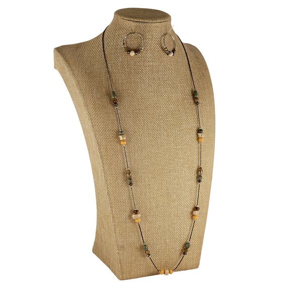 Beaded Hoop Earrings, Long 30" Bead Necklace Set Mixed Green Brown Silver Tone - Picture 9 of 14